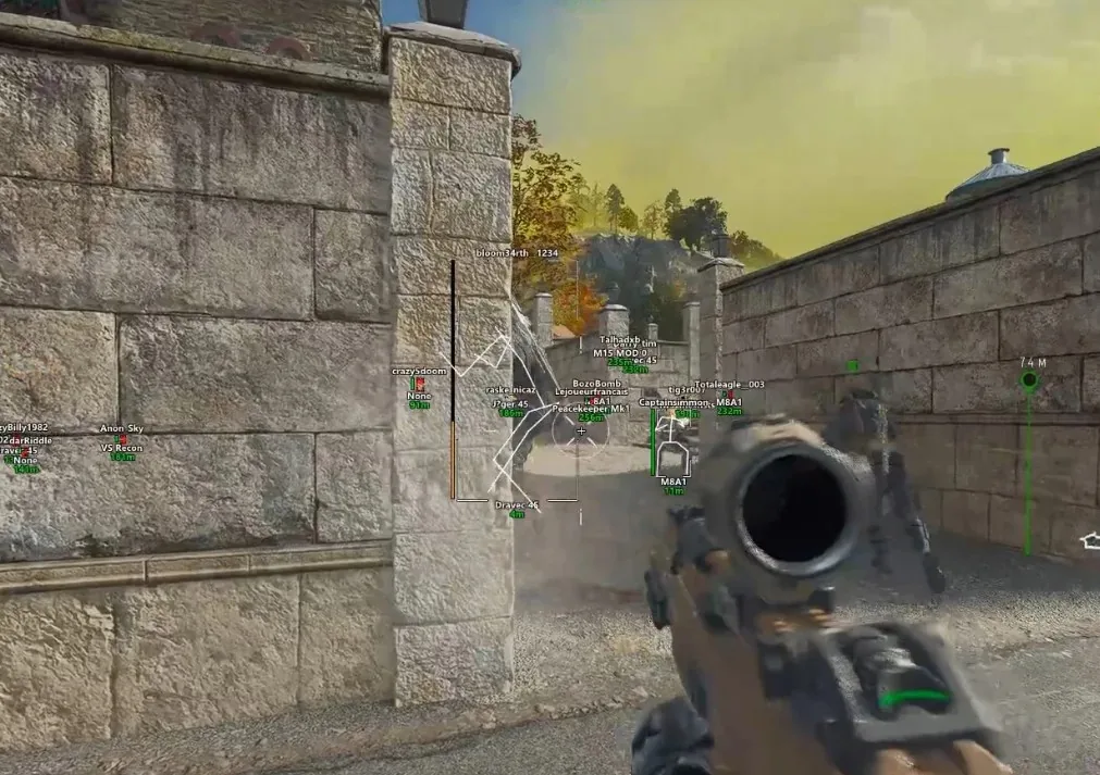 Warzone multi-player ESP skeletons and distance readouts in a courtyard